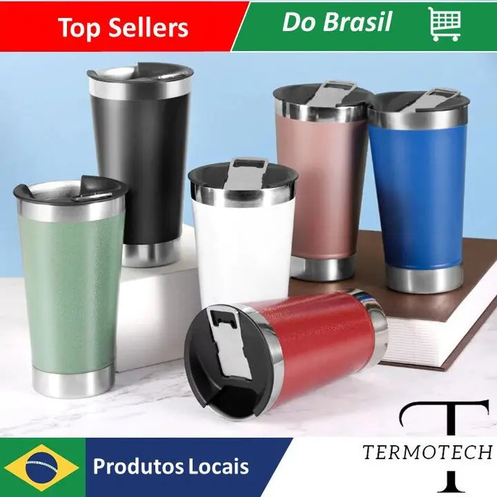 Copo Térmico com Abridor Inox 473ml Para Quentes e Gelados